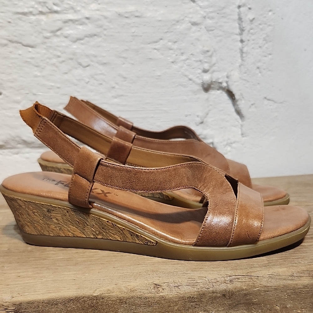 THE FLEXX Brown Wedge Open Toe Sandals w/ Cork‎ Heel Cushioned Rubber Sole 9.5